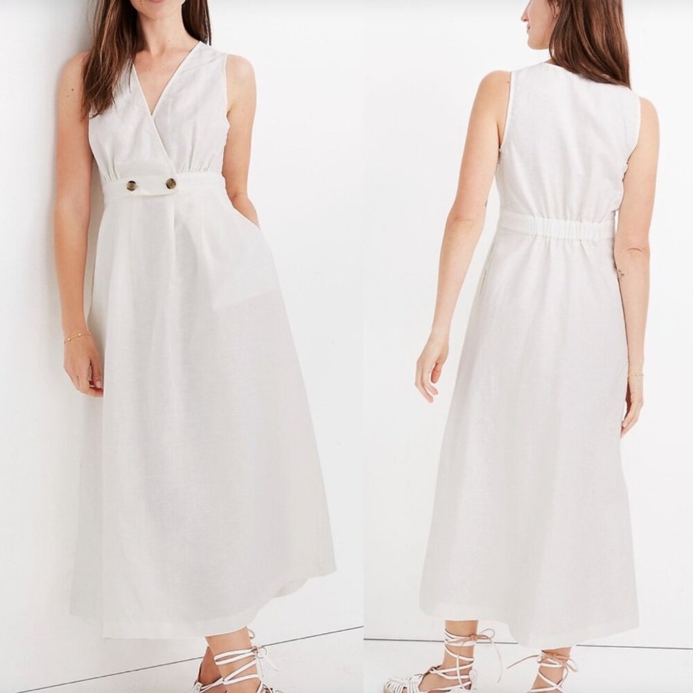 NEW Madewell Women's Linen Ivory Button-Waist Wrap Long Midi Dress Size 6